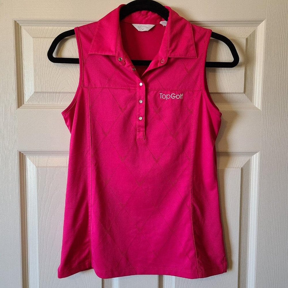 Callaway Pink Textured Snap Buttons Sleeveless Knit Polo Top Golf Logo Small